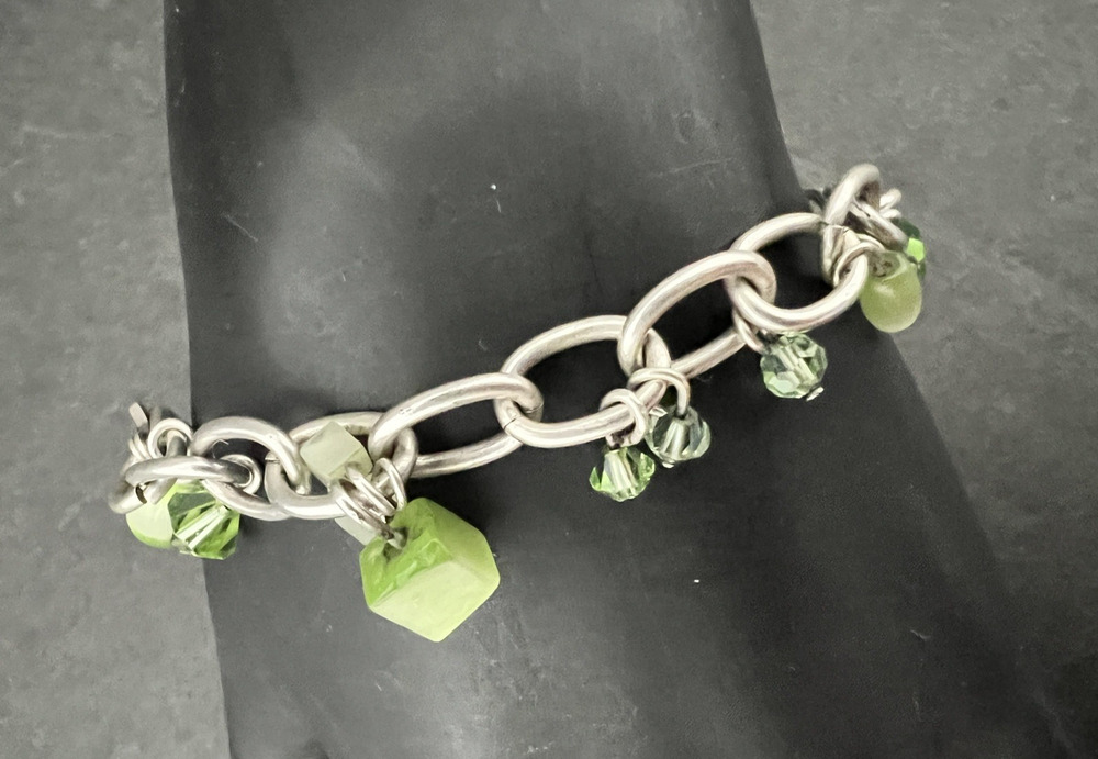 Sterling Silver 925 Jade Green Gemstone Beaded & Crystal Chain Bracelet VTG
